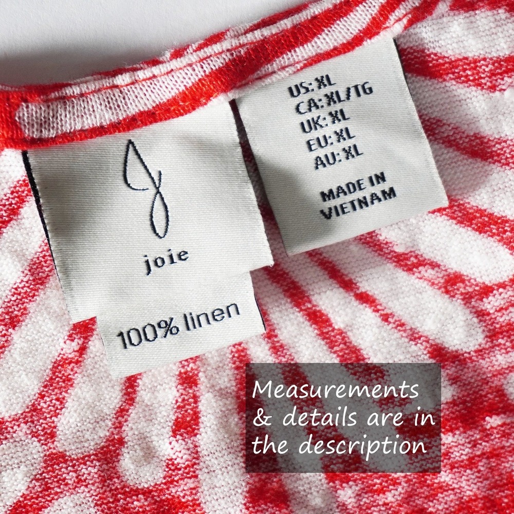 Joie 100% Linen Palm Print Top L 12 Red White Knit Cap Sleeve Blouse - Picture 6 of 8